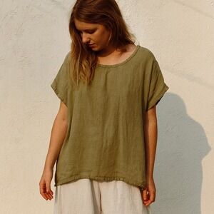 Knack Knock Linen Top Womens One Size Olive Green Relaxed Fit Bohemian Lagenlook